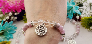 Kunzite & Clear Quartz Natural Gemstone 8mm Bead with Flower of Life Charm Bracelet | Crystal Gemstone Shop.
