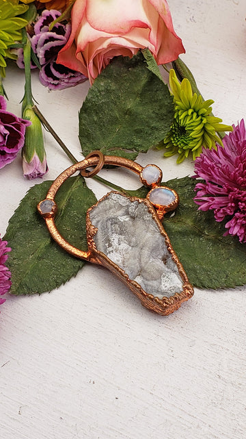 "Cian" - Copper with Druzy Agate, Rainbow Moonstone, & Labradorite Pendant
