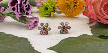 Pink, Green, Red, and Gold Multi Tourmaline Faceted Sterling Silver Earrings