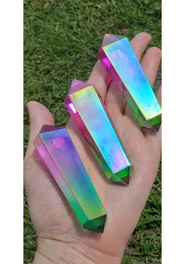 Emerald and Pink Watermelon Aura Quartz Double Terminated Point