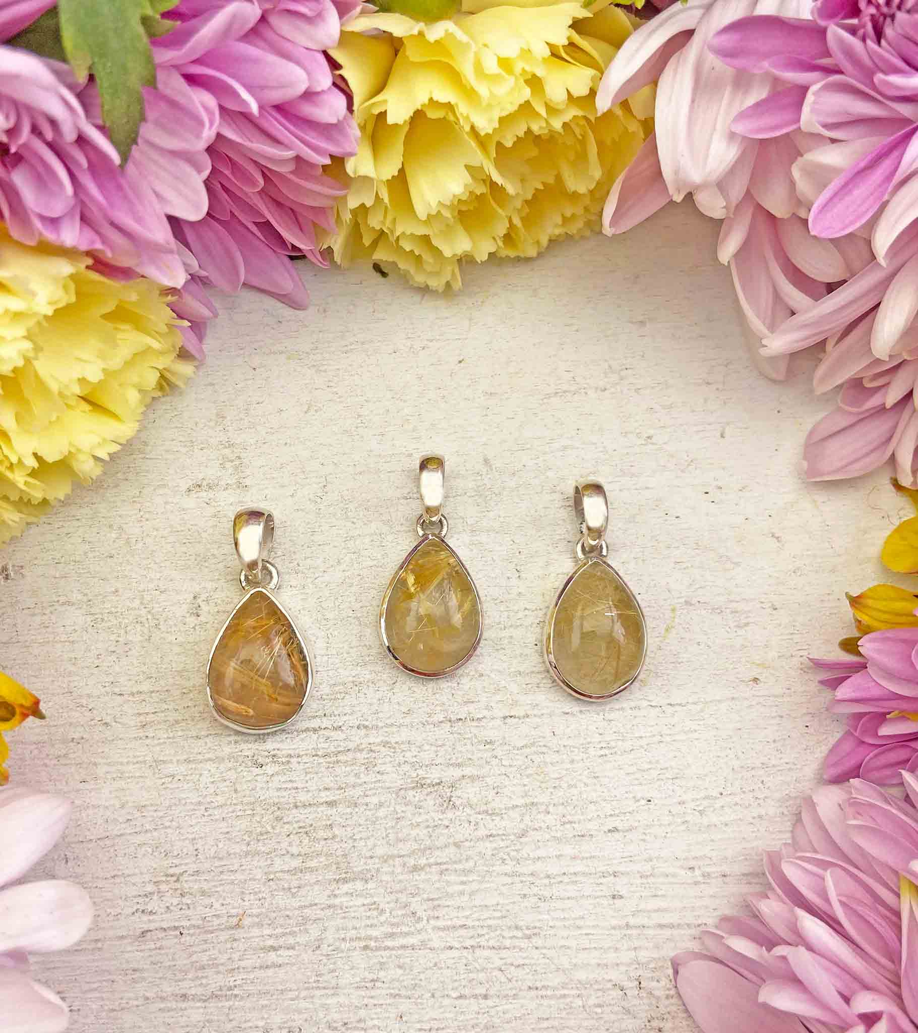 Gold Rutilated Quartz Gemstone Sterling Silver Pendant