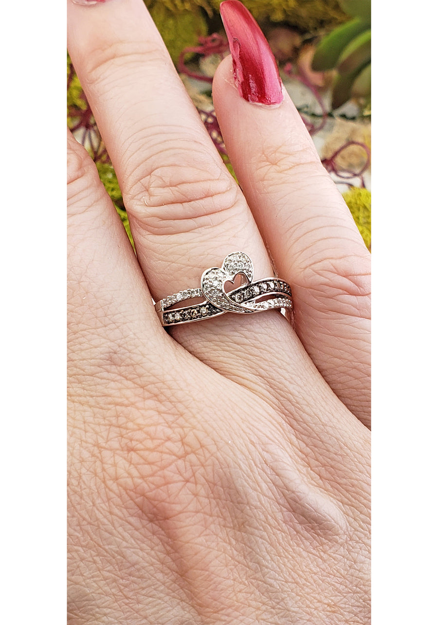10k White Gold with Champagne & White Diamond Heart Ring 2