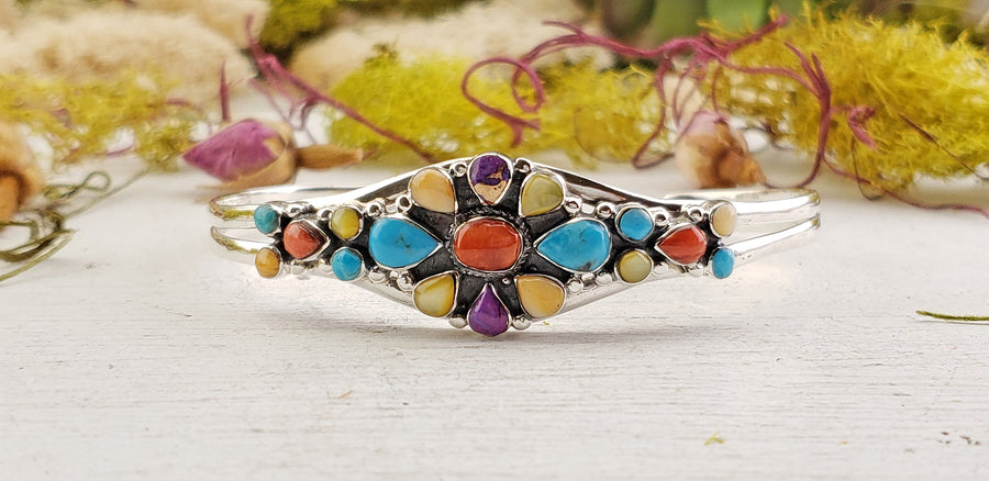 Colorful Southwest Multi-Gemstone Sterling Bracelet Cuff 28968