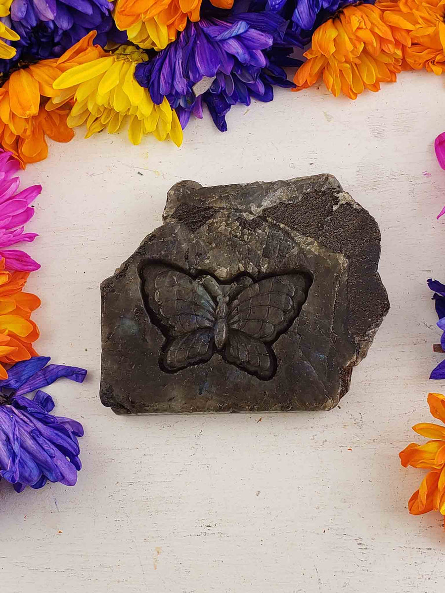 Labradorite Gemstone Bas Relief Carving on Slice Slab - Butterfly