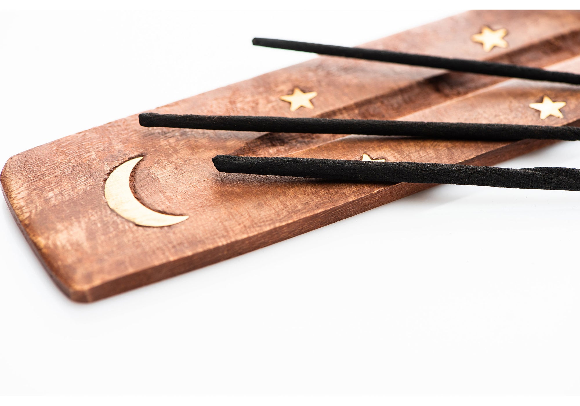 Moon &amp; Star Brass Inlay Wood Incense Burner Tray 2