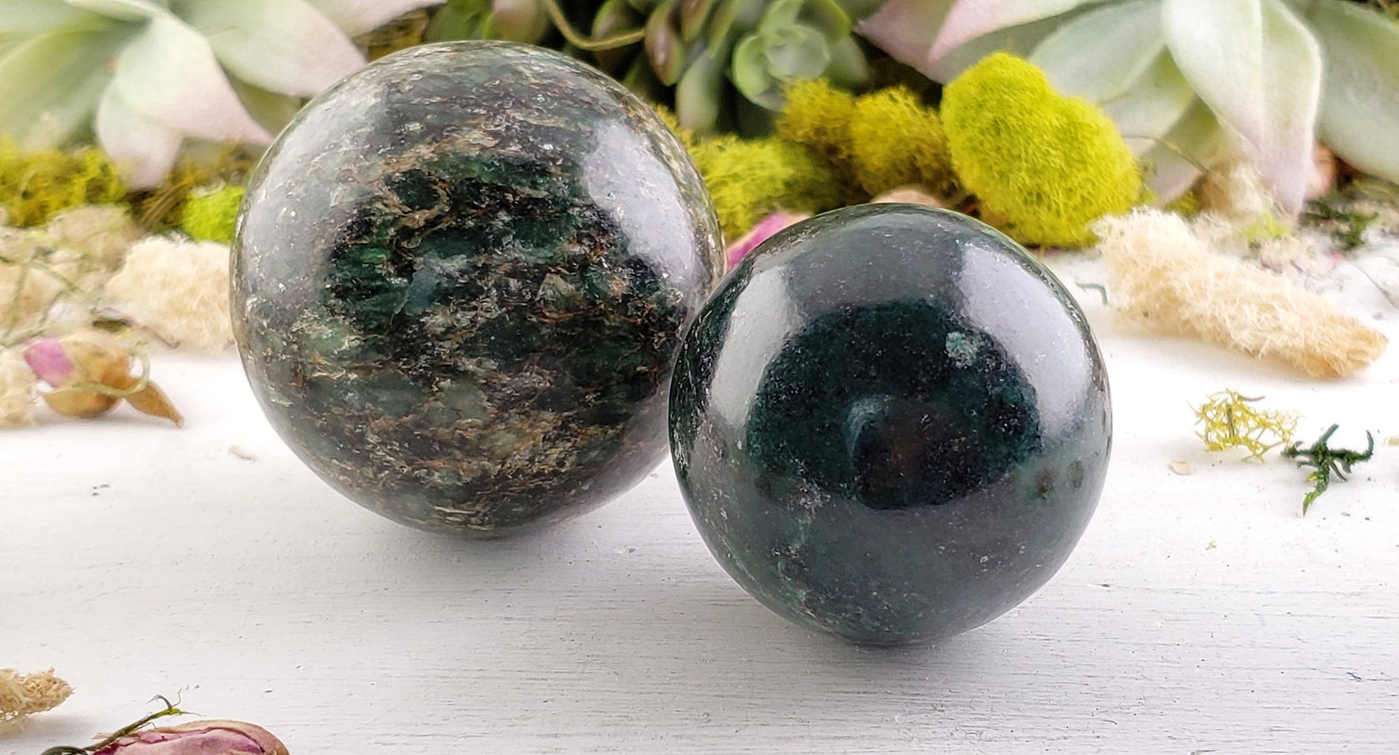 Emerald and Fuchsite in Quartz Polished Gemstone Sphere Orb - Stone of Healing Emotional Wounds