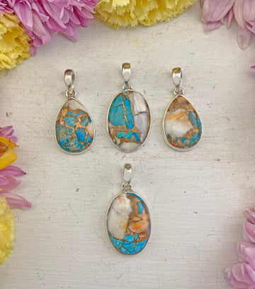 Oyster Shell, Turquoise, & Copper Gemstone & Sterling Silver Pendant - Acionna | Crystal Gemstone Shop.