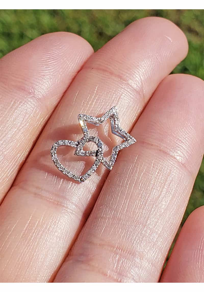 14k White Gold & White Diamond Heart and Star Pendant