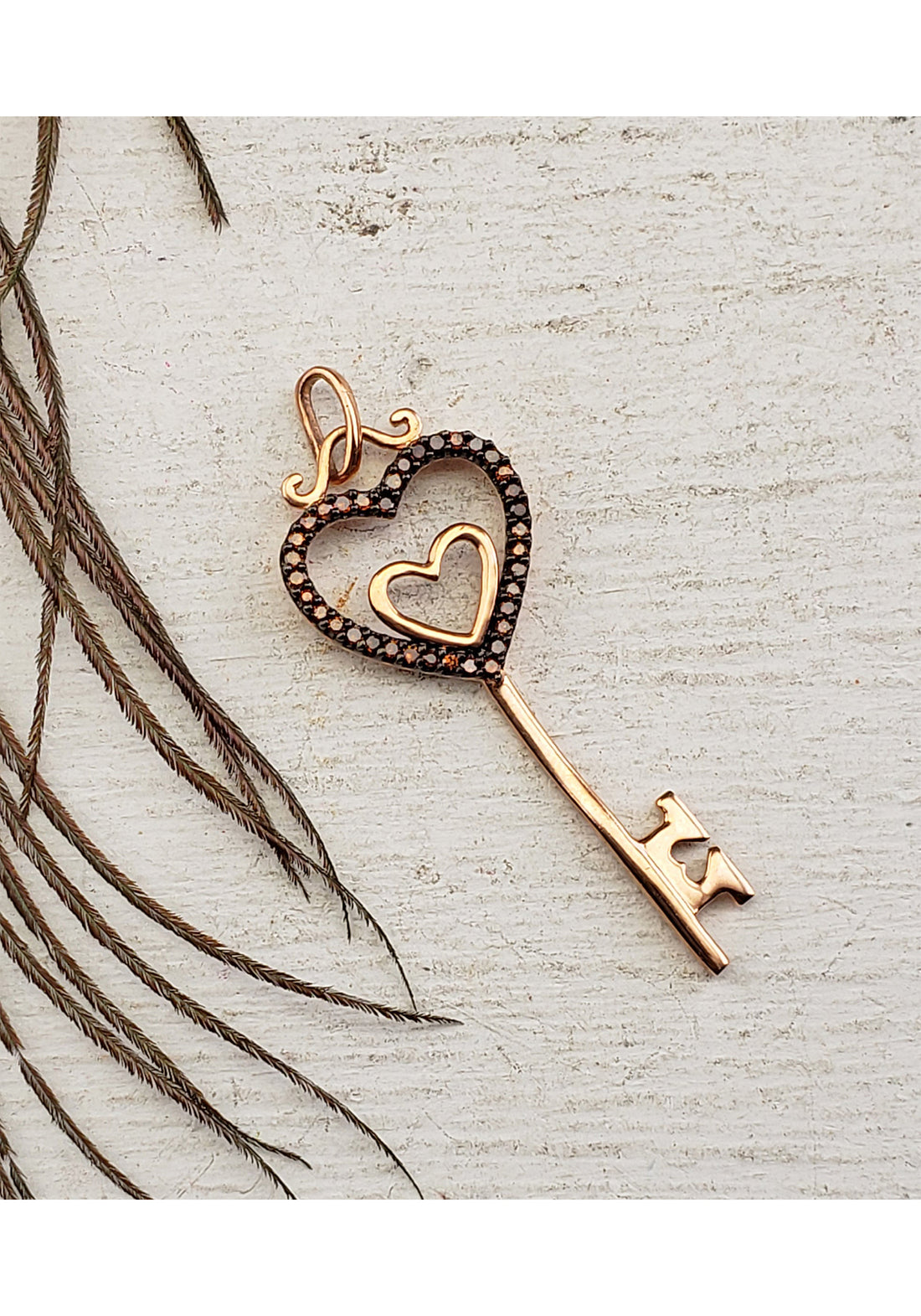 10k Rose Gold with Red Diamond Heart Key Pendant