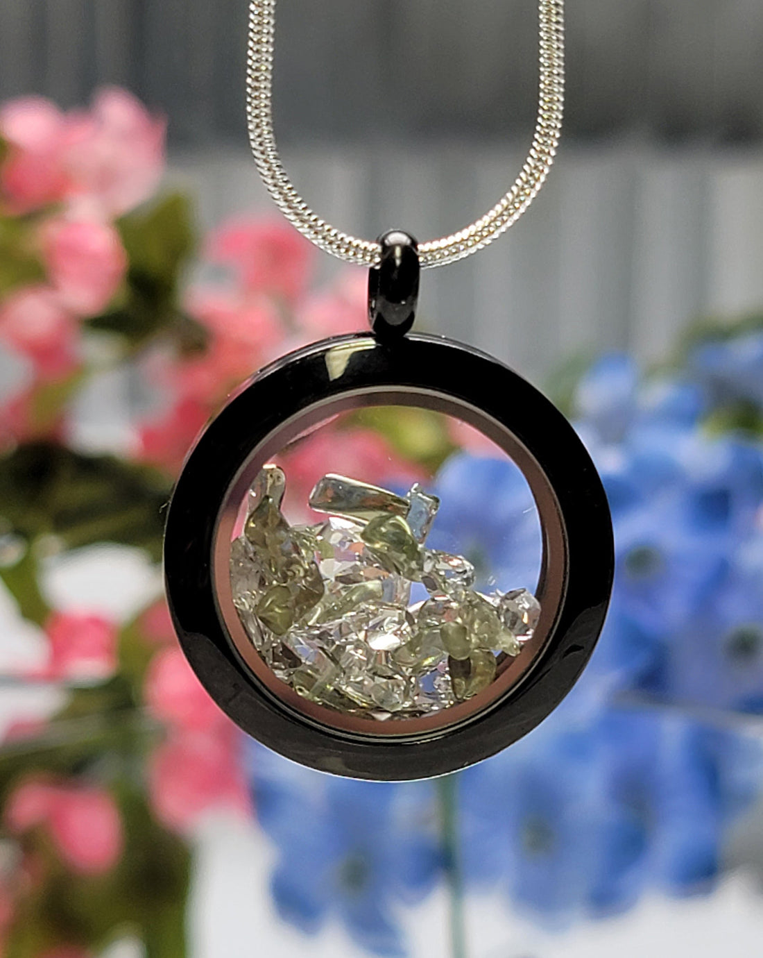 Moldavite Meteorite & Herkimer Diamond Black Stainless Steel Pendant