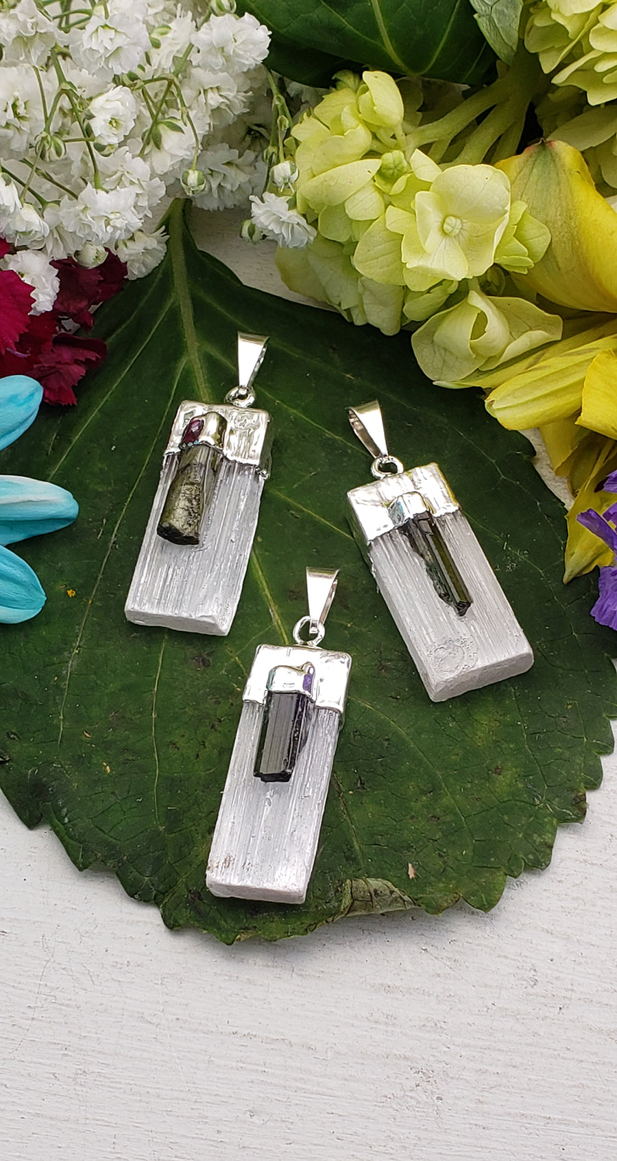 Selenite & Green Tourmaline Natural Rough Gemstone Pendant | Crystal Gemstone Shop.