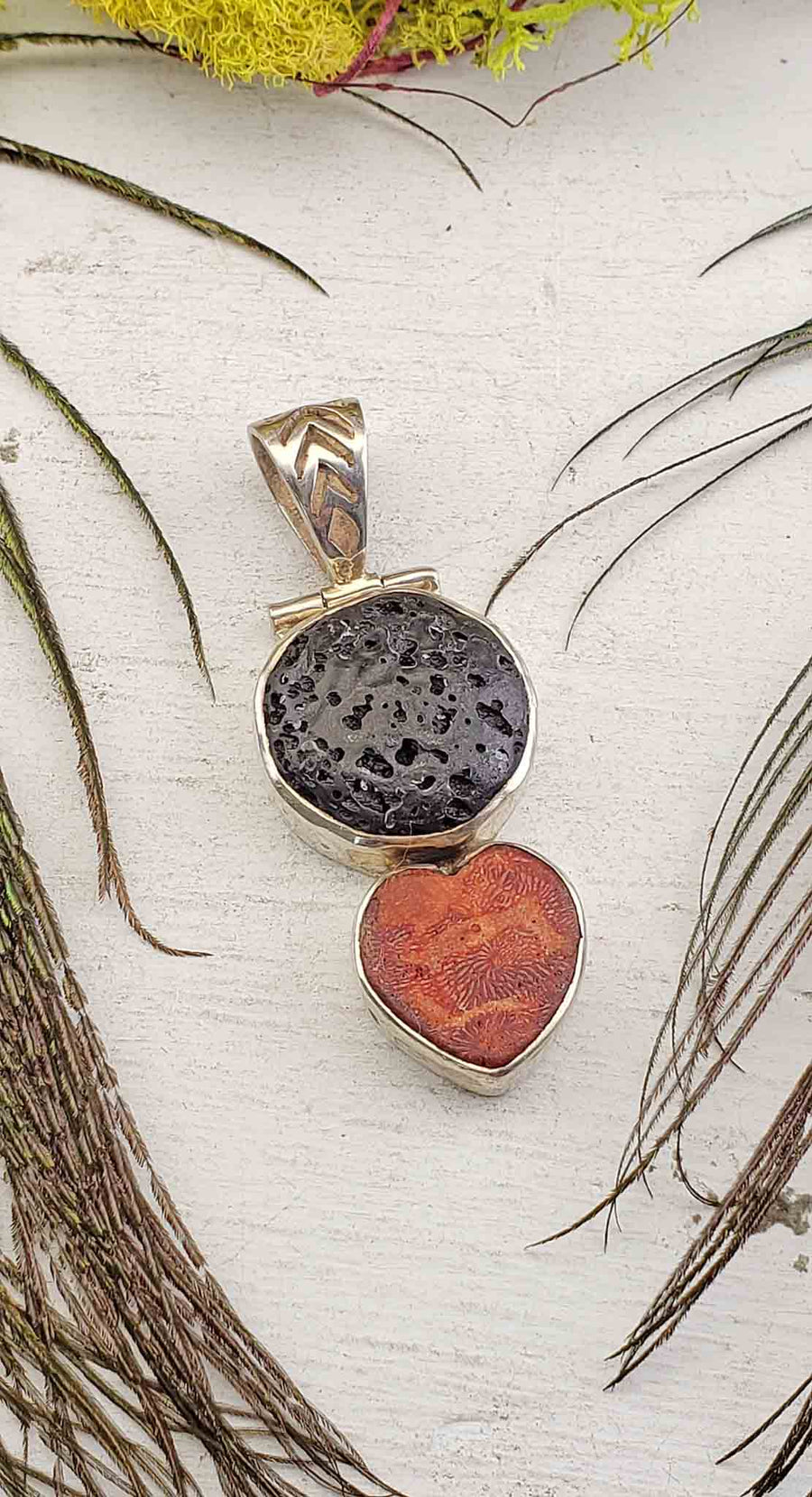 Lava Rock with Red Coral Sterling Silver Pendant