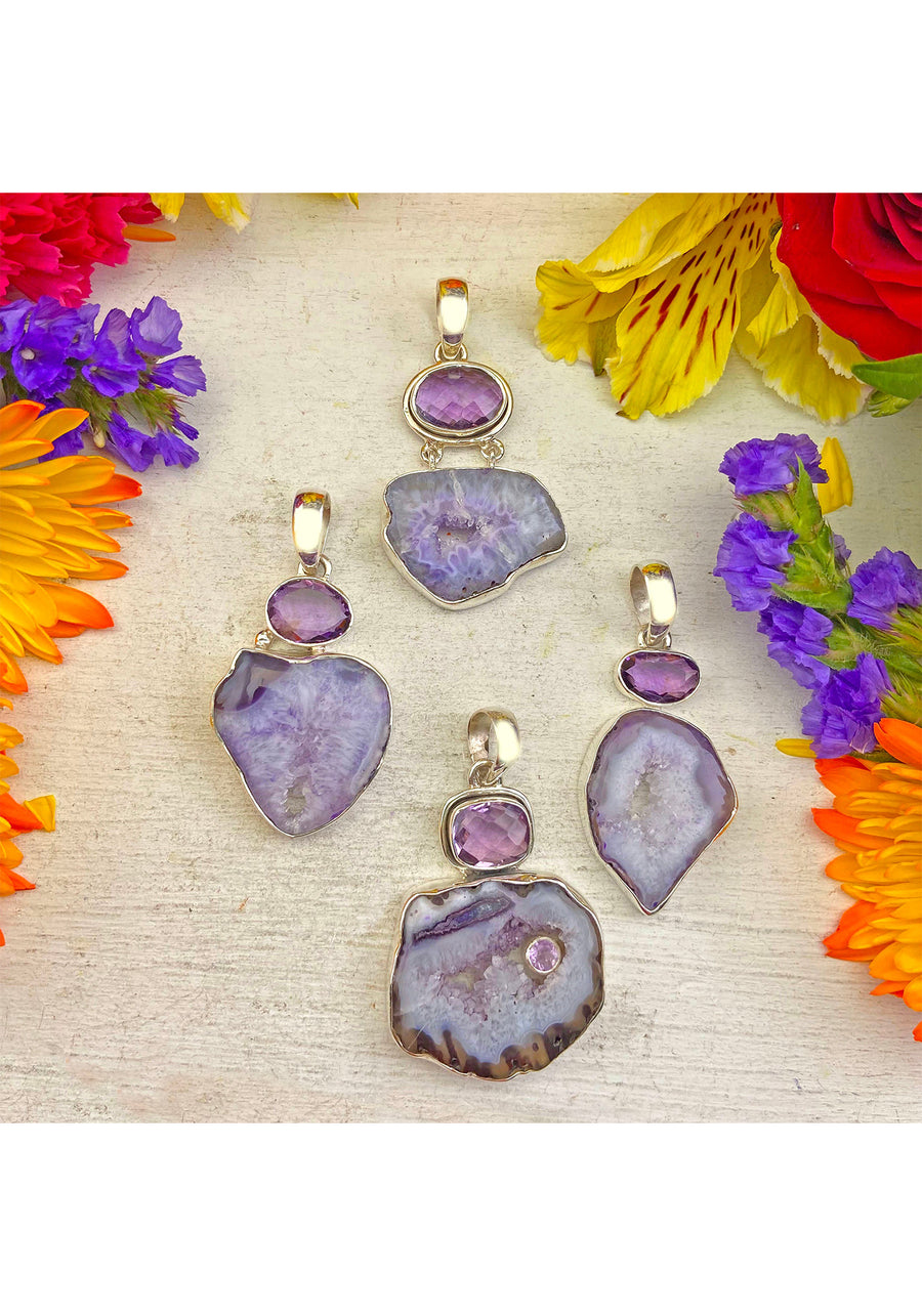 Purple Agate & Amethyst Gemstone Sterling Silver Pendant