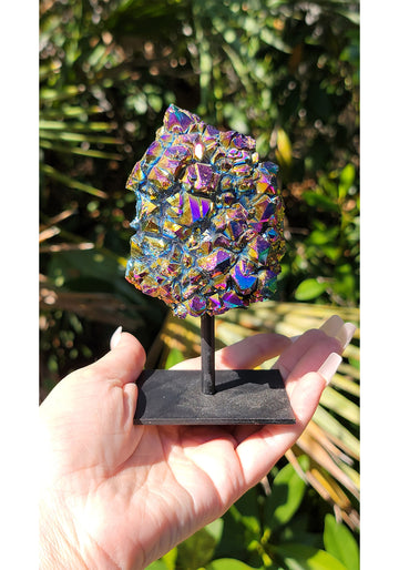 Rainbow Titanium Aura Quartz Gemstone Druzy Cluster Display