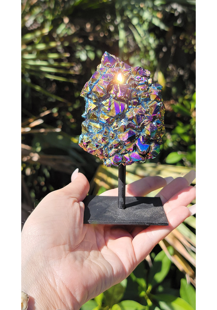 Rainbow Titanium Aura Quartz Gemstone Druzy Cluster Display 3