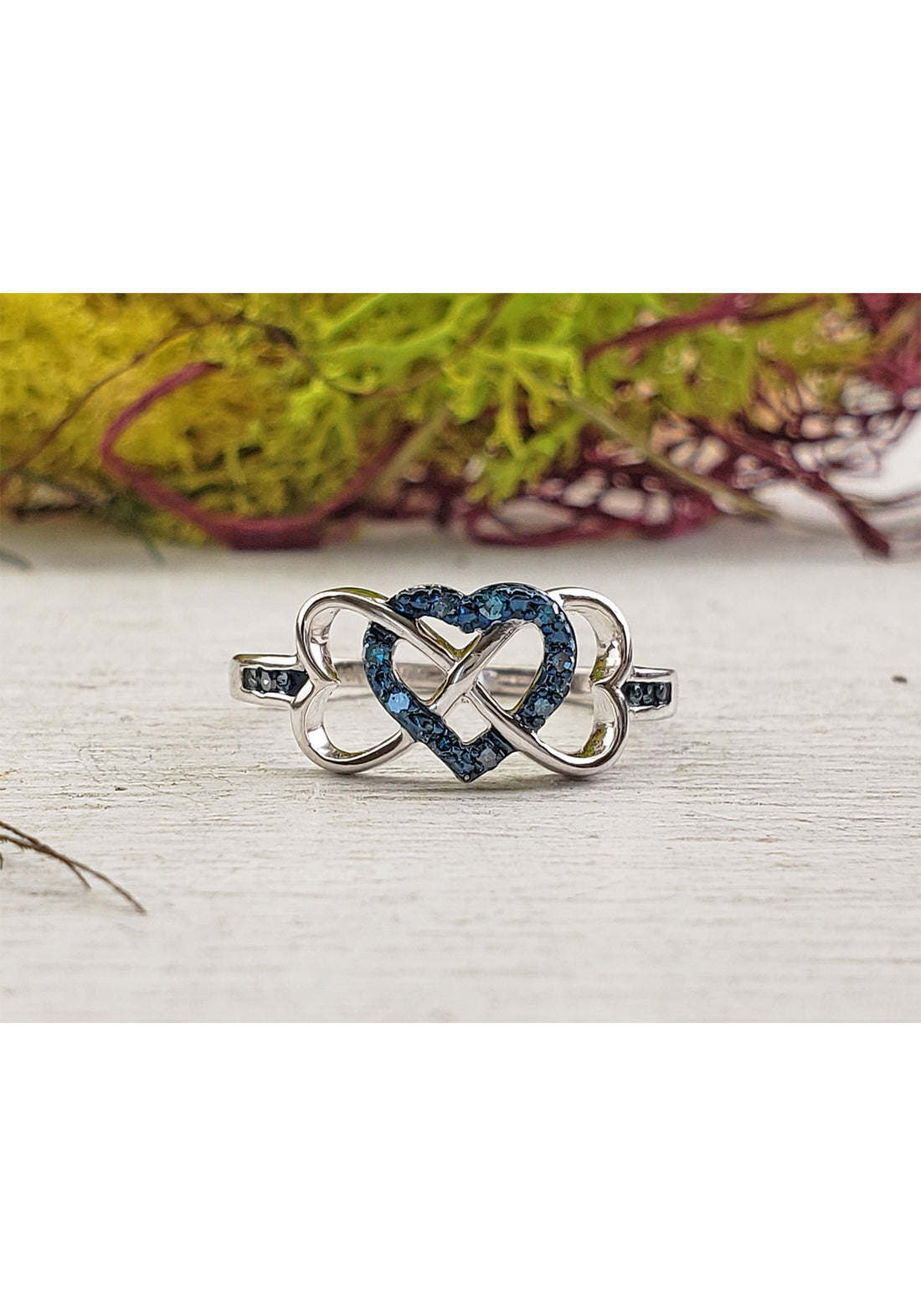 10k White Gold with Blue & White Diamond Hearts Ring