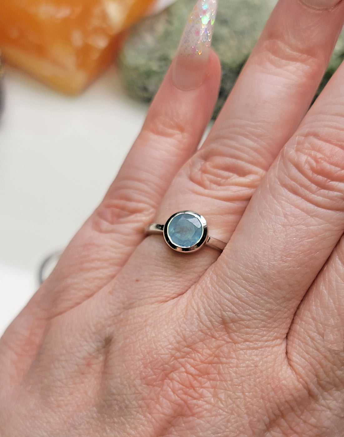 Aquamarine Gemstone Faceted Gemstone Sterling Silver Ring