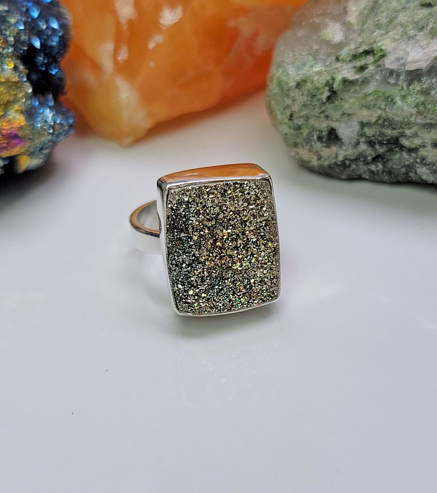 Spectro Pyrite Rainbow Druzy Sterling Silver Ring - Dinah