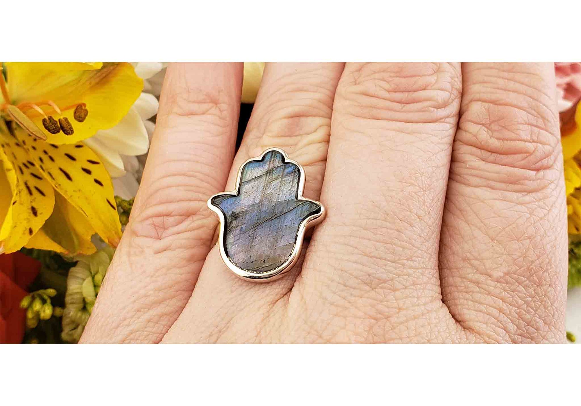 Labradorite Gemstone Sterling Silver Hand of Fatima Ring - Irene 3
