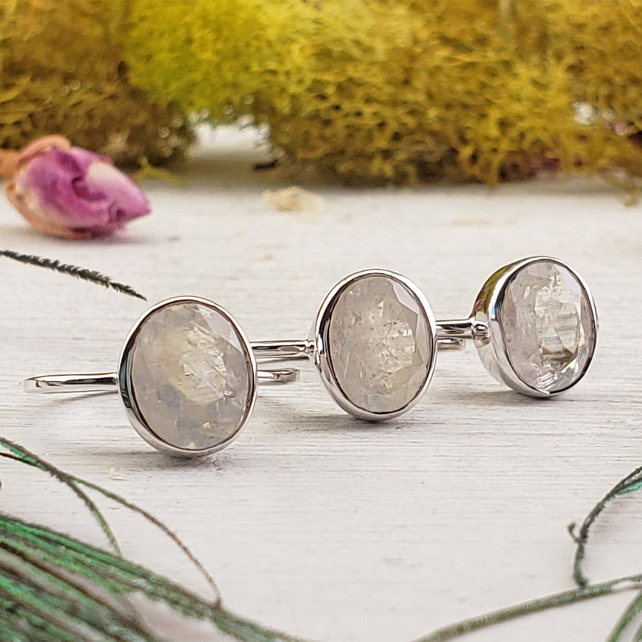 Rainbow Moonstone Gemstone Sterling Silver Ring - Meridian | Crystal Gemstone Shop.