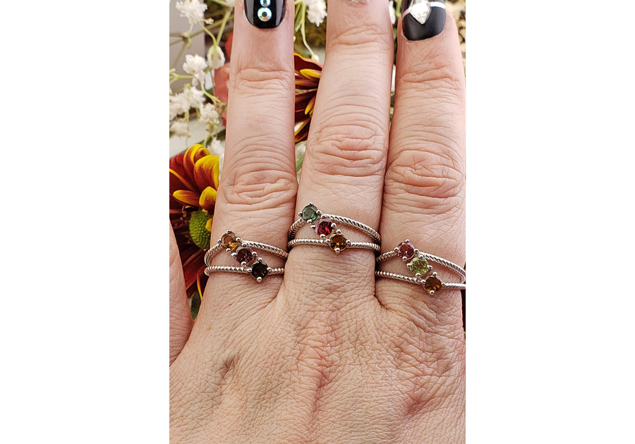 Multi Tourmaline Faceted Gemstone Sterling Silver Rope Band Ring