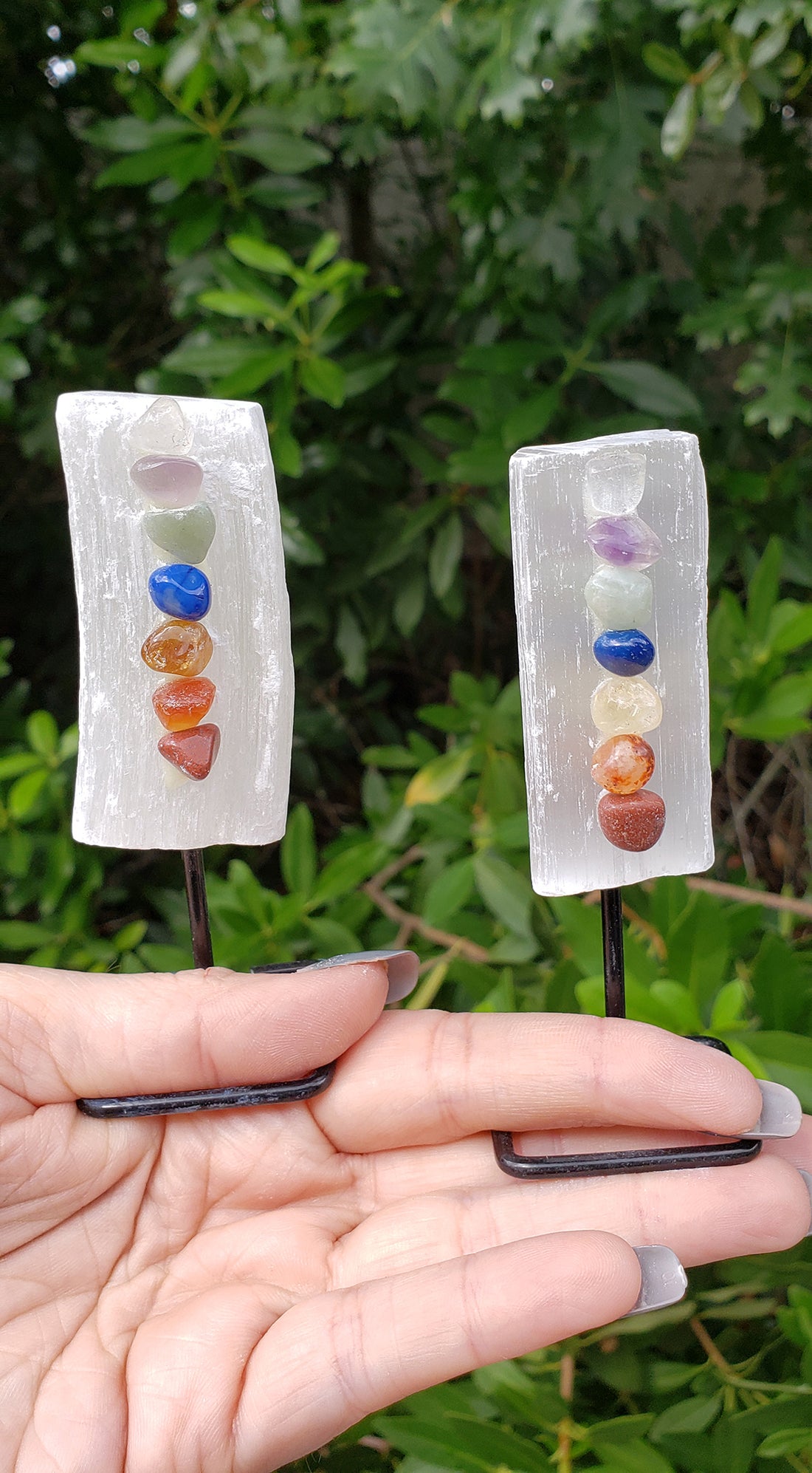 Selenite with Chakra Stones Natural Gemstone Sculpture on Metal Stand