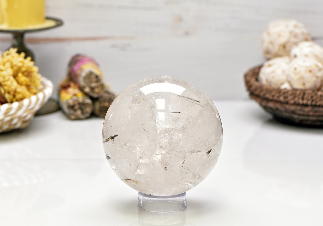 Black Tourmaline Rutilated Quartz Gemstone Sphere Orb 100mm-105mm - Unique!