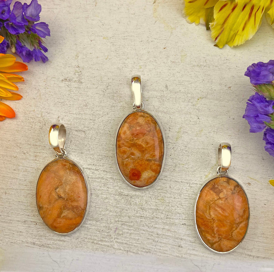 Orange Sponge Coral Gemstone Sterling Silver Pendant - Peggy