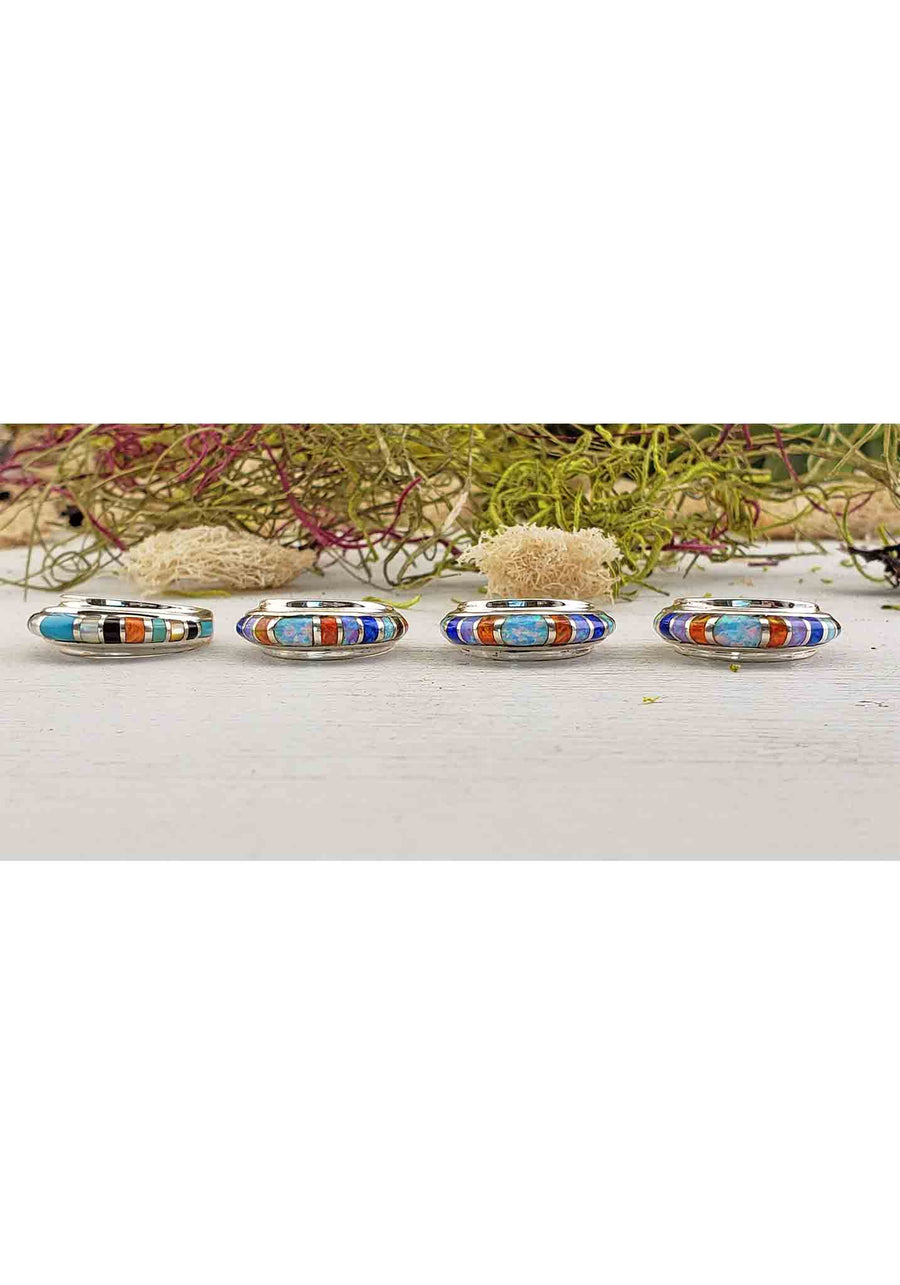 Gemstone Inlay Sterling Silver Band with Opal, Turquoise, Mother of Pearl, Coral, Onyx