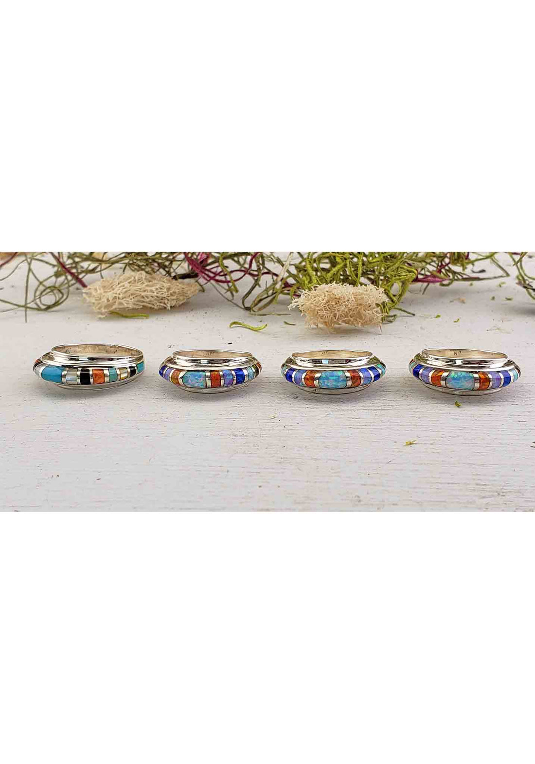 Gemstone Inlay Sterling Silver Band with Opal, Turquoise, Mother of Pearl, Coral, Onyx 2
