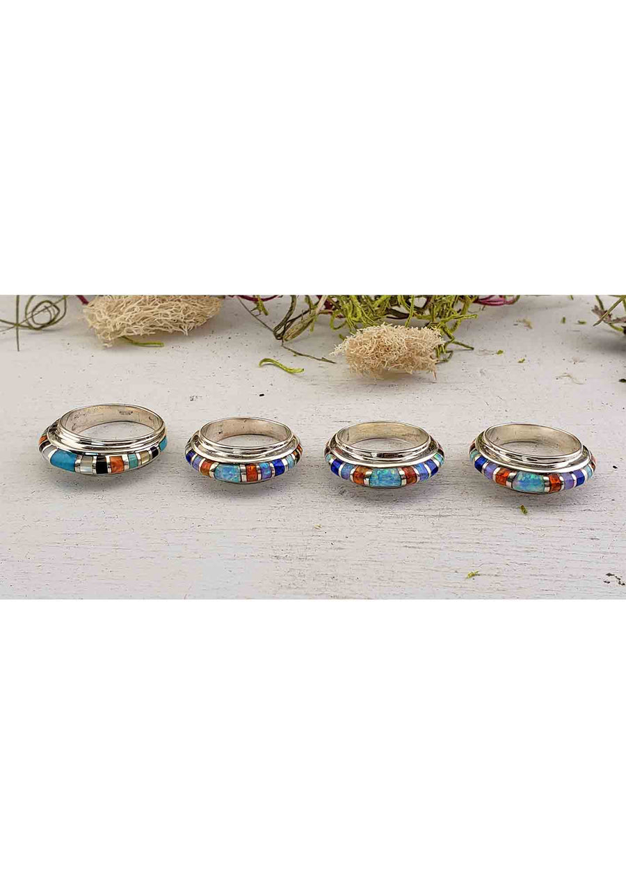 Gemstone Inlay Sterling Silver Band with Opal, Turquoise, Mother of Pearl, Coral, Onyx 3