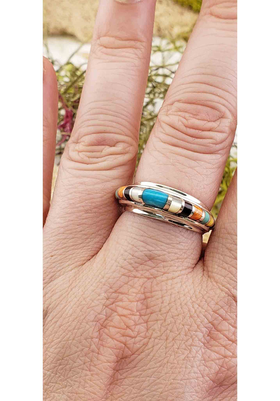 Gemstone Inlay Sterling Silver Band with Opal, Turquoise, Mother of Pearl, Coral, Onyx 4