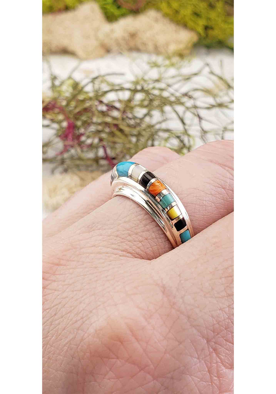 Gemstone Inlay Sterling Silver Band with Opal, Turquoise, Mother of Pearl, Coral, Onyx 5