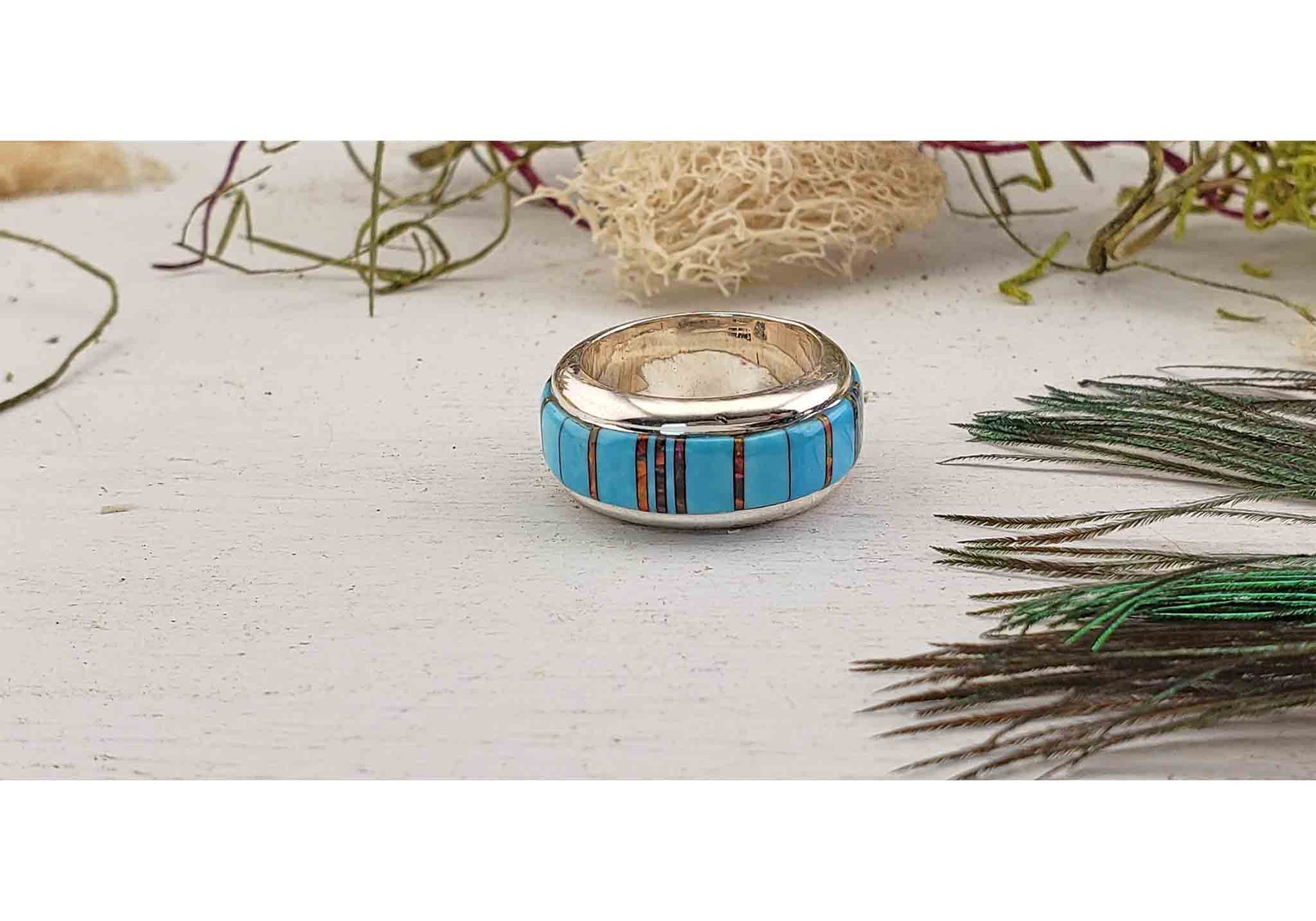 Gemstone Inlay Sterling Silver Ring with Turquoise &amp; Opal