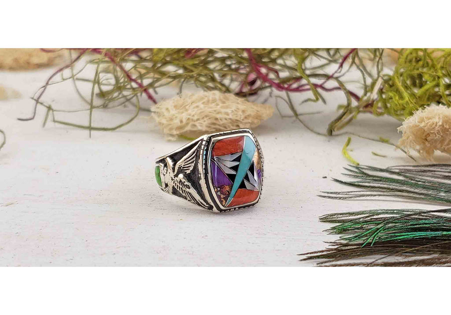 Gemstone Inlay Sterling Silver Ring with Agate, Coral, Mother of Pearl, Turquoise