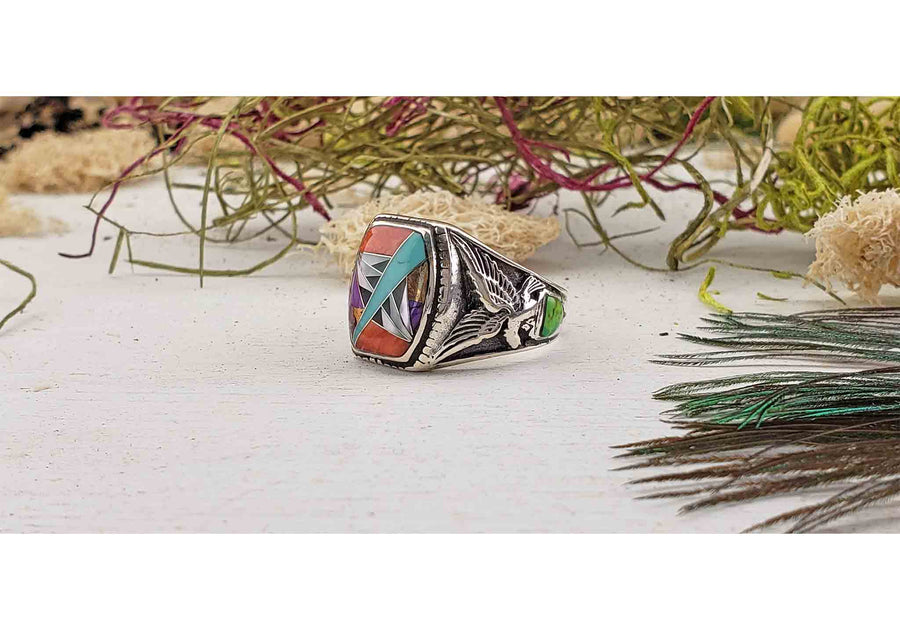 Gemstone Inlay Sterling Silver Ring with Agate, Coral, Mother of Pearl, Turquoise 2