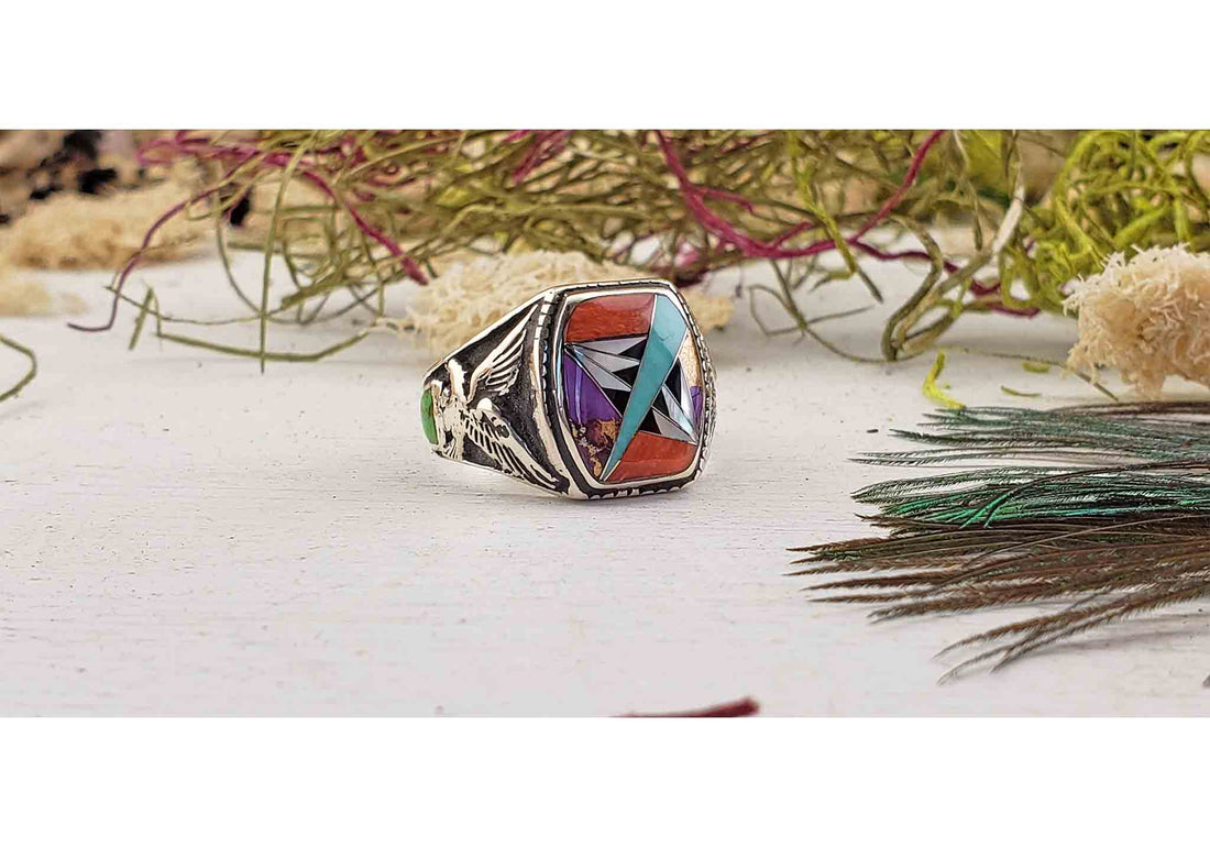 Gemstone Inlay Sterling Silver Ring with Agate, Coral, Mother of Pearl, Turquoise 5
