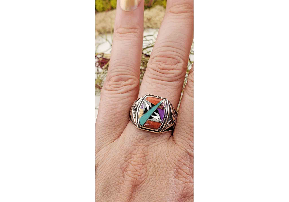 Gemstone Inlay Sterling Silver Ring with Agate, Coral, Mother of Pearl, Turquoise  7