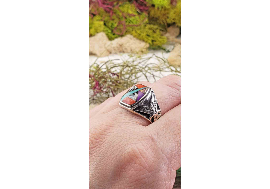 Gemstone Inlay Sterling Silver Ring with Agate, Coral, Mother of Pearl, Turquoise 8
