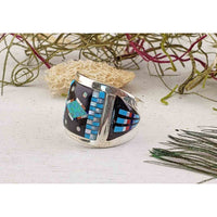 Gemstone Inlay Sterling Silver Ring with Turquoise, Mother of Pearl, Coral, Onyx 2
