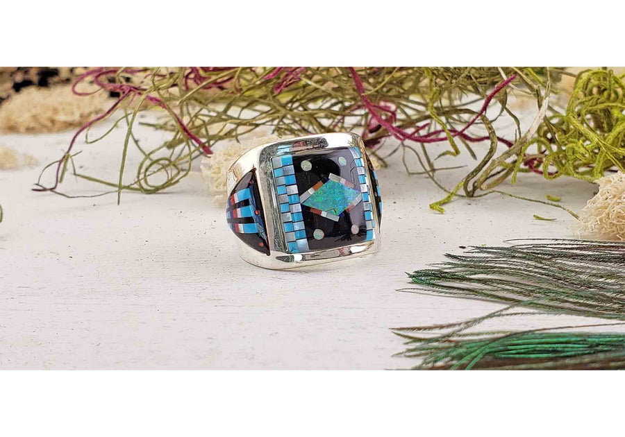 Gemstone Inlay Sterling Silver Ring with Turquoise, Mother of Pearl, Coral, Onyx 3