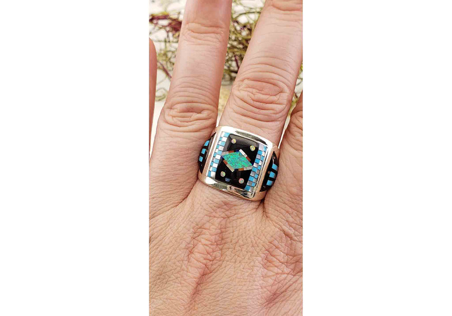 Gemstone Inlay Sterling Silver Ring with Turquoise, Mother of Pearl, Coral, Onyx 4