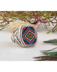 Gemstone Inlay Sterling Silver Ring with Turquoise, Mother of Pearl, Coral, Onyx
