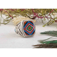 Gemstone Inlay Sterling Silver Ring with Turquoise, Mother of Pearl, Coral, Onyx