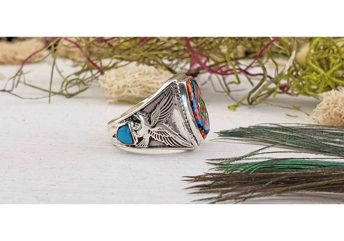 Gemstone Inlay Sterling Silver Ring with Turquoise, Mother of Pearl, Coral, Onyx 2