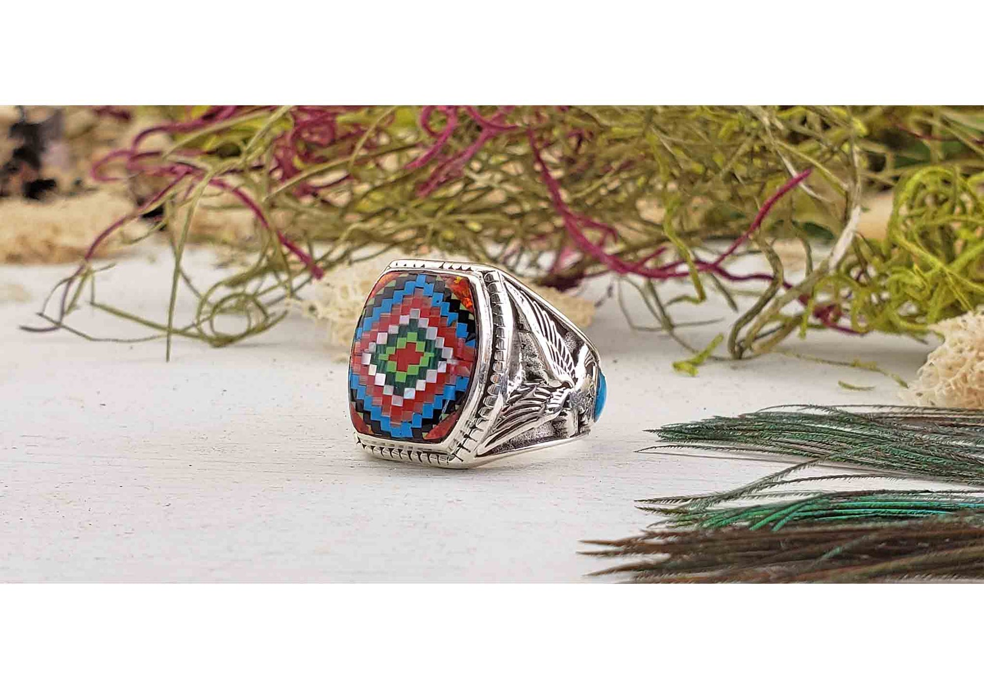 Gemstone Inlay Sterling Silver Ring with Turquoise, Mother of Pearl, Coral, Onyx 4
