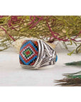 Gemstone Inlay Sterling Silver Ring with Turquoise, Mother of Pearl, Coral, Onyx 4