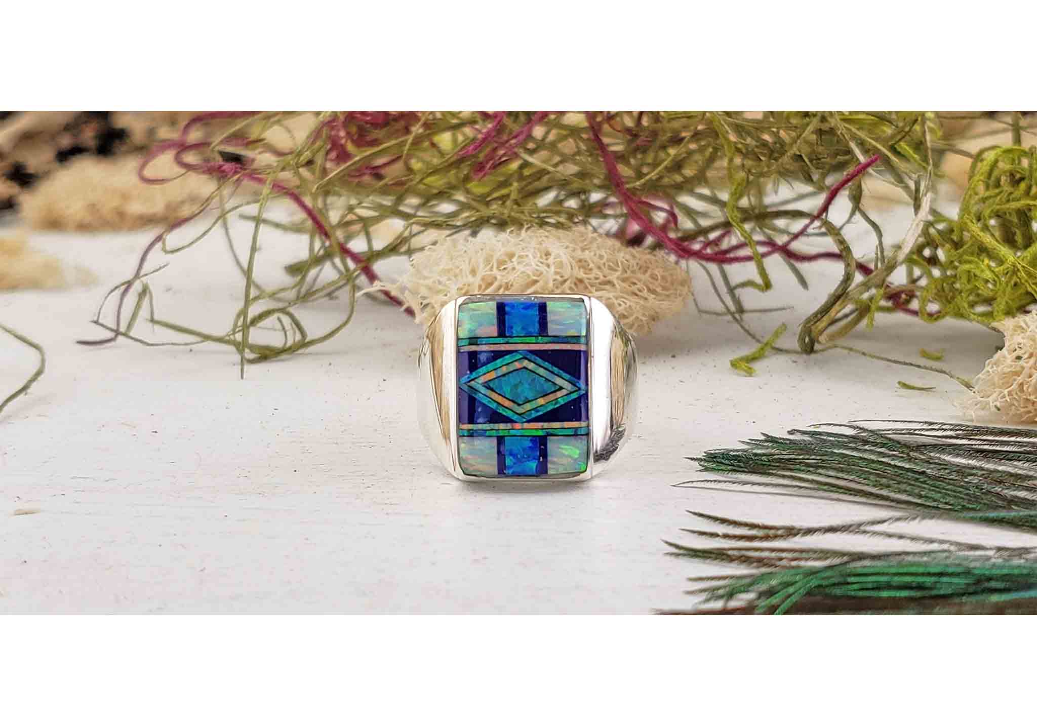 Gemstone Inlay Sterling Silver Ring with Opal and Blue Onyx - Tilda ...