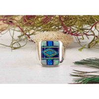 Gemstone Inlay Sterling Silver Ring with Opal and Onyx