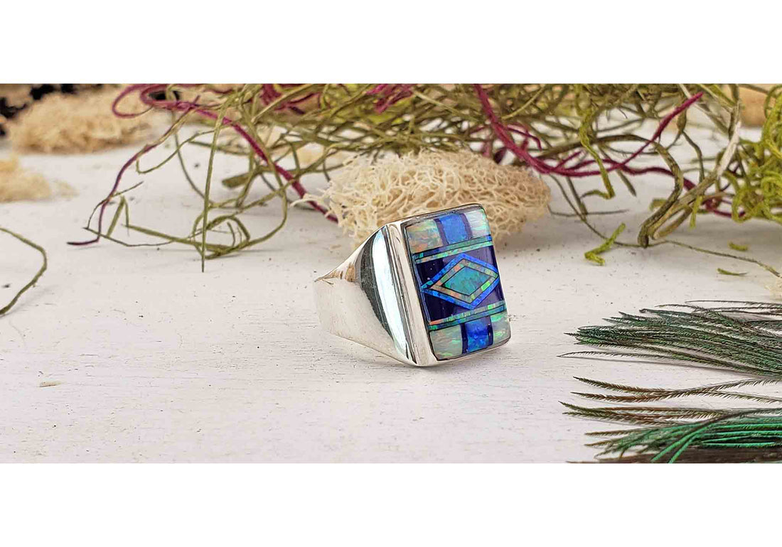 Gemstone Inlay Sterling Silver Ring with Opal and Onyx 2